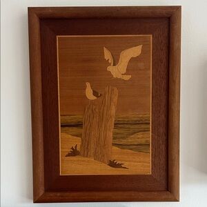 Vintage Wood Inlay Framed Seagull Art